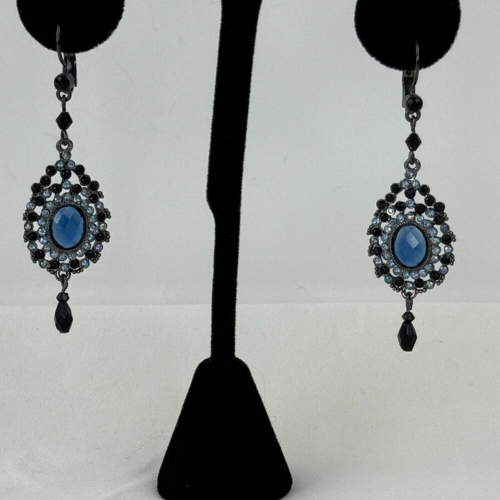 Vintage NR Pendant Necklace Dangle Earrings Set Gunmetal Midnight Blue Metallic - Picture 5 of 16